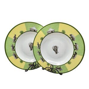 Hermes Africa Soup Plate 2 PCs 9” Green Porcelain Tableware Animal Authentic
